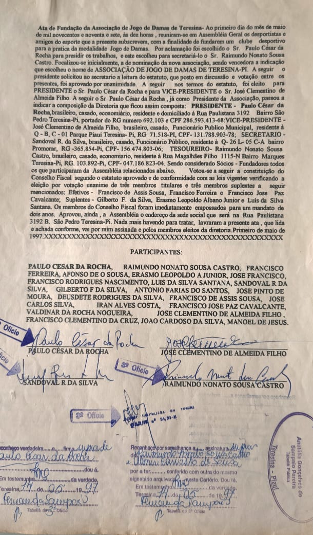 Ata de fundação da Associação Teresinense de Jogo de Damas